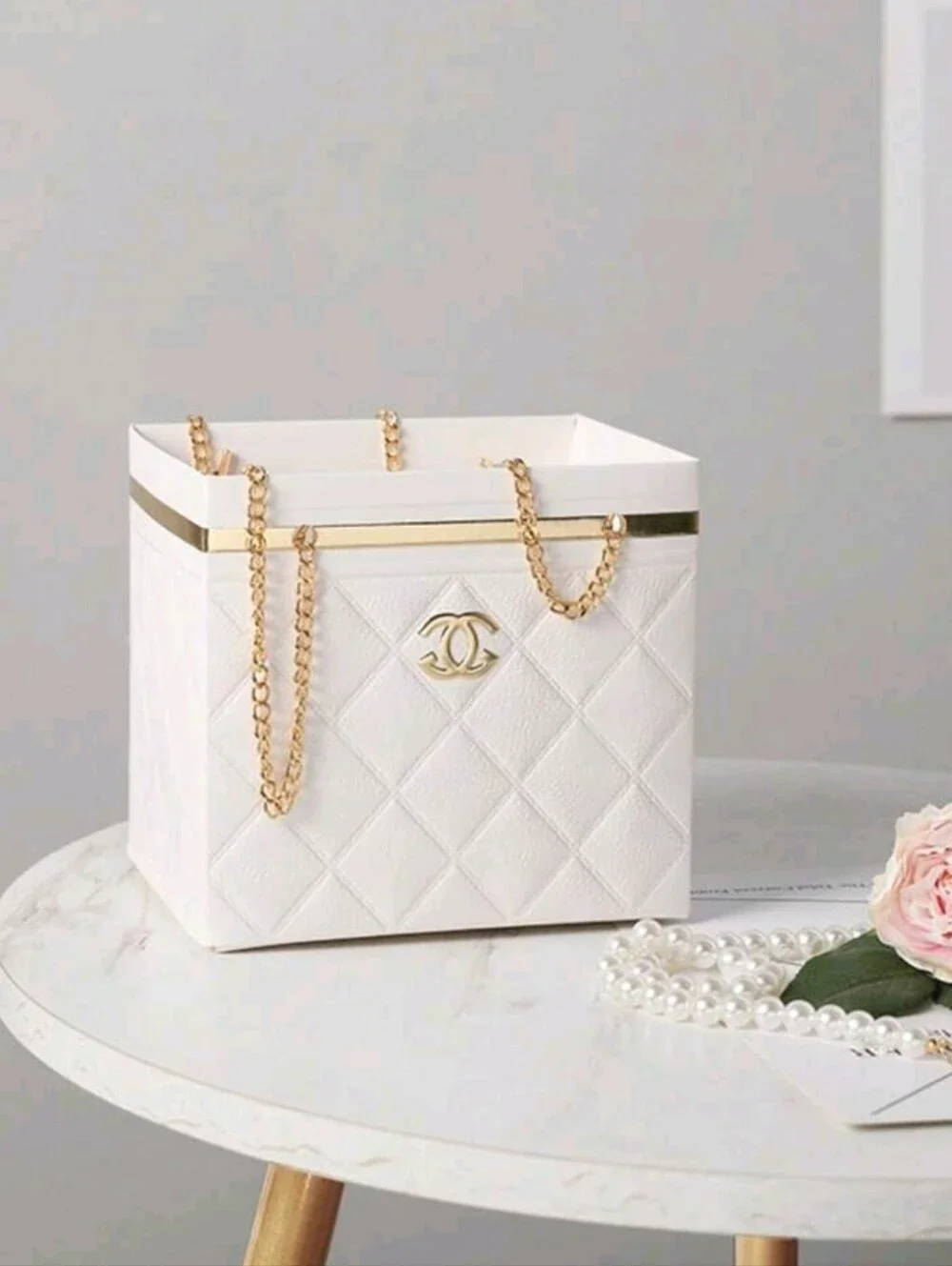 White Quilted Bag with Double Gold Chains